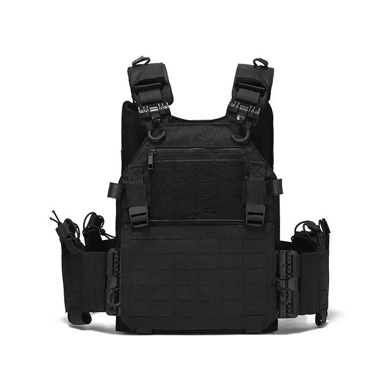 Black Tactical Plate Carrier – Front with MOLLE Webbing & Quick-Release Buckles