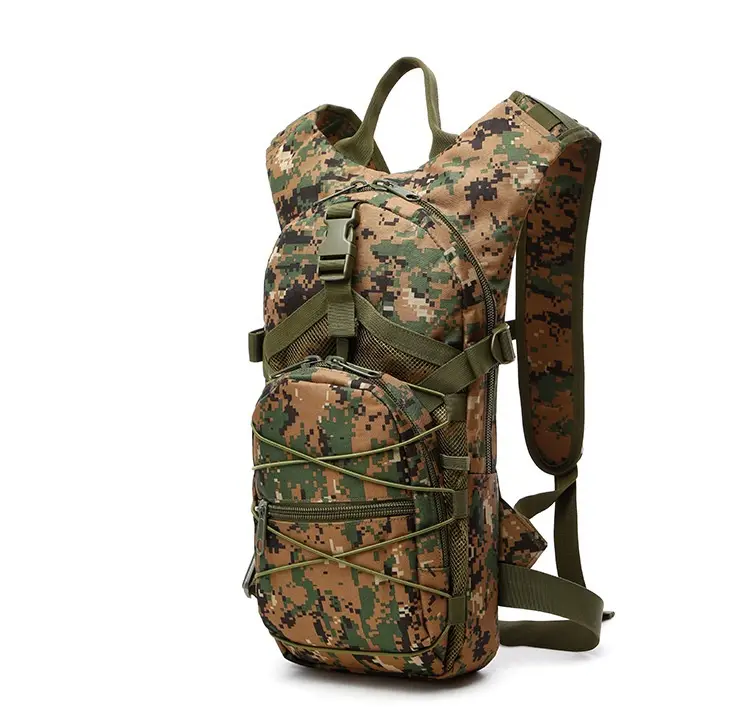 Digital Camo Hydration Pack – Front View with Bungee Cord & Modular Pockets