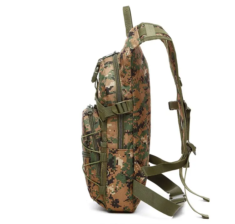 Digital Camo Hydration Pack – Side View with Adjustable Straps & Zipper Compartments