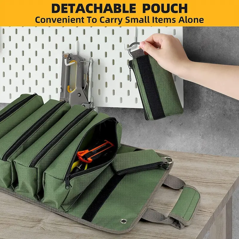 Green Tool Organizer – Detachable Pouch, Multi-Zipper Compartments