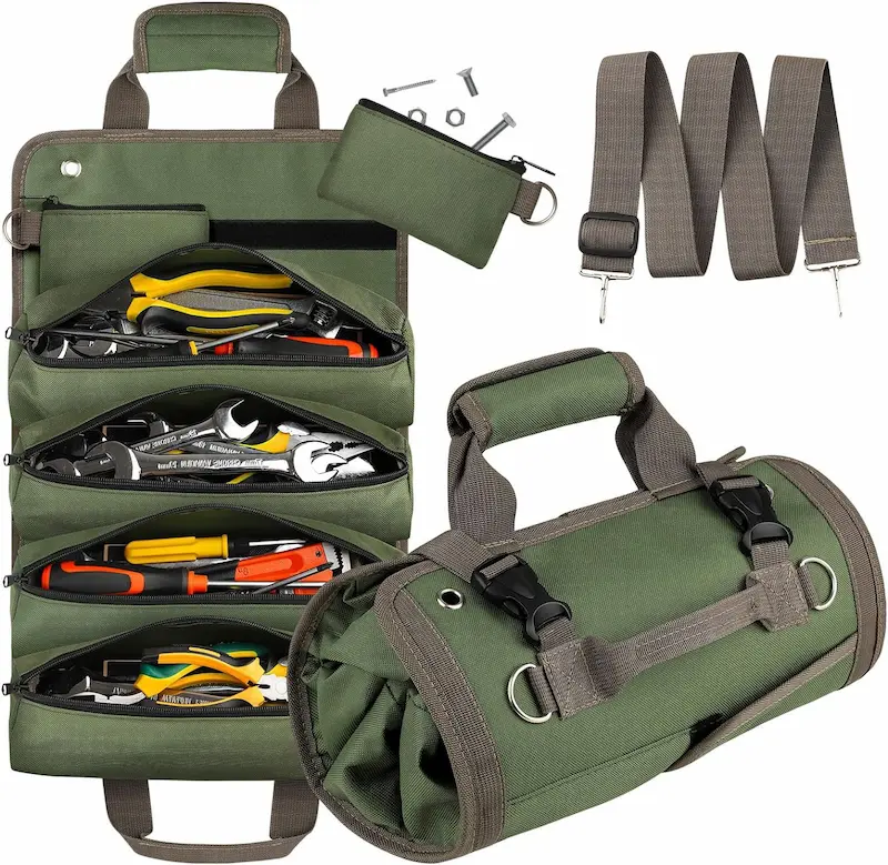 Green Tool Organizer Set – Main Roll, Detachable Pouch, Shoulder Strap, Barrel Bag