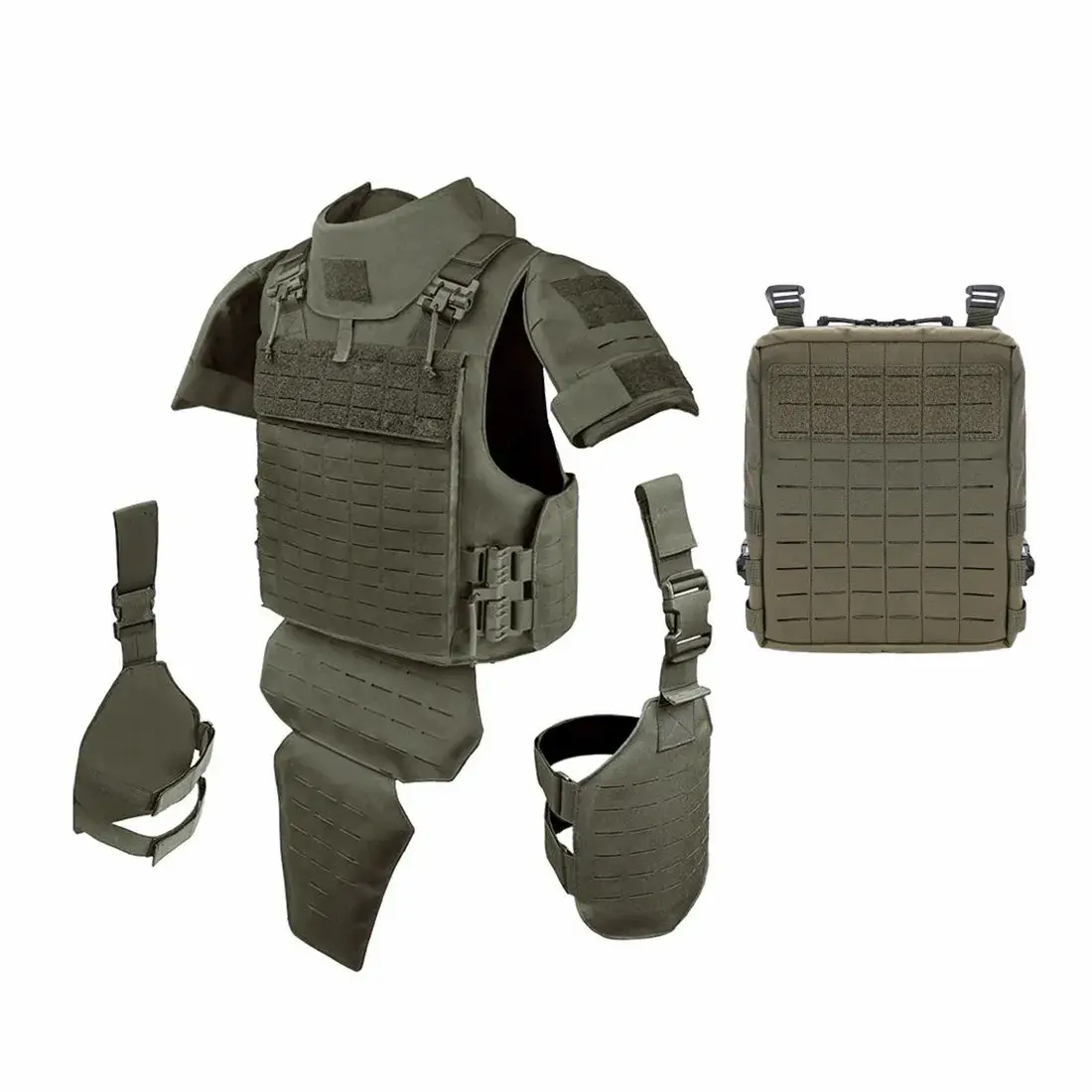 Olive Green Tactical Plate Carrier – Modular Components (Vest + GroinThigh Protectors)