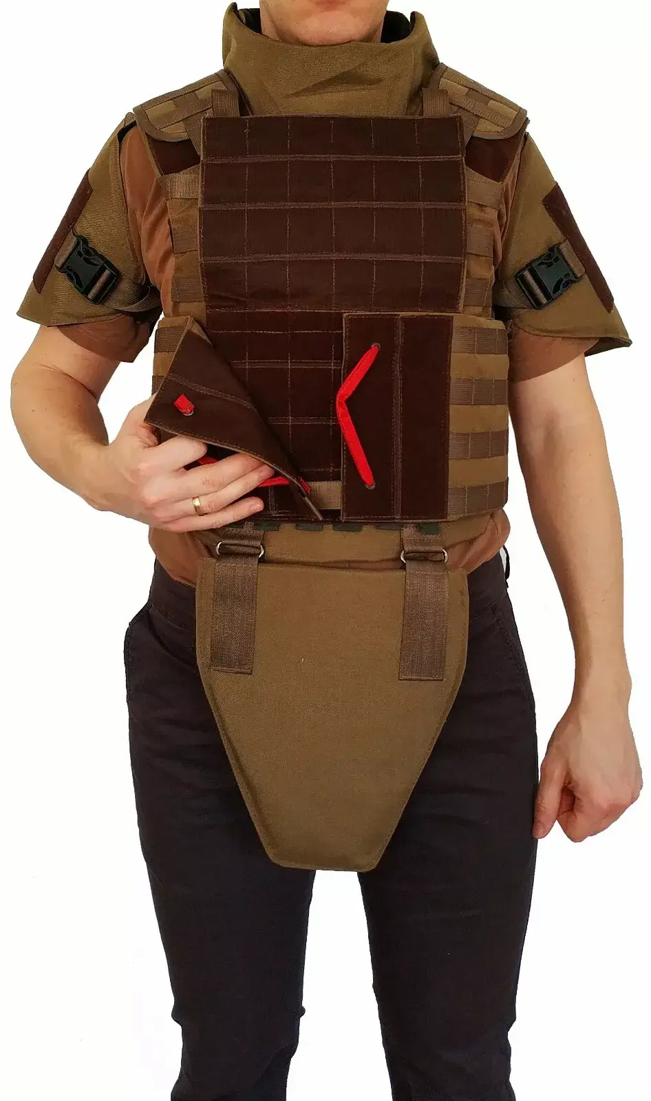 Tactical Plate Carrier (Worn) – Detachable Front Panel with Quick-Release Red Fasteners