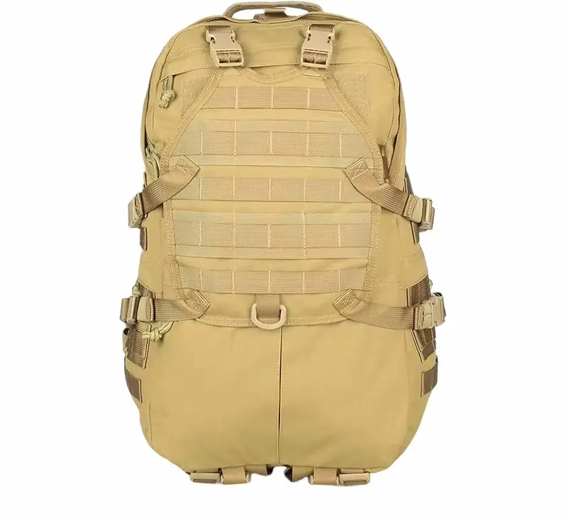 Tan Tactical Backpack – Front with MOLLE Webbing & Buckles