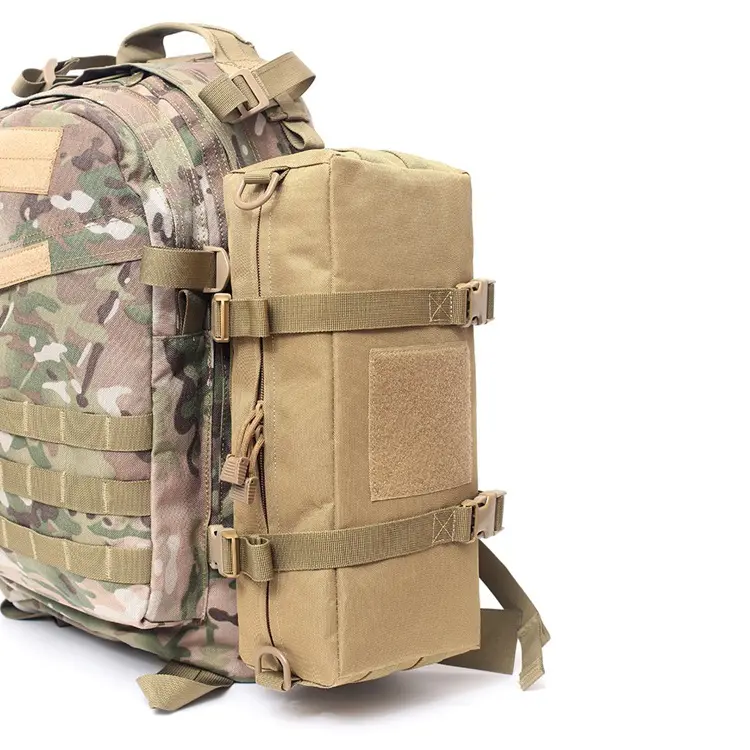 Kantong Taktis Tan - Dipasang pada Ransel Taktis Camo melalui Anyaman MOLLE