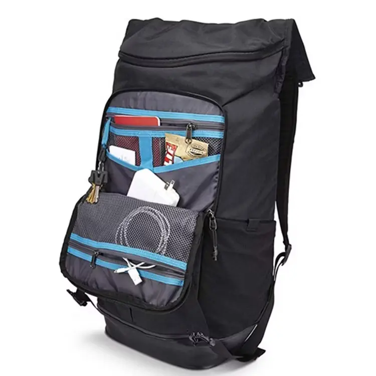 Black Organized Backpack – Multi-Pocket Interior with Blue Accent Dividers
