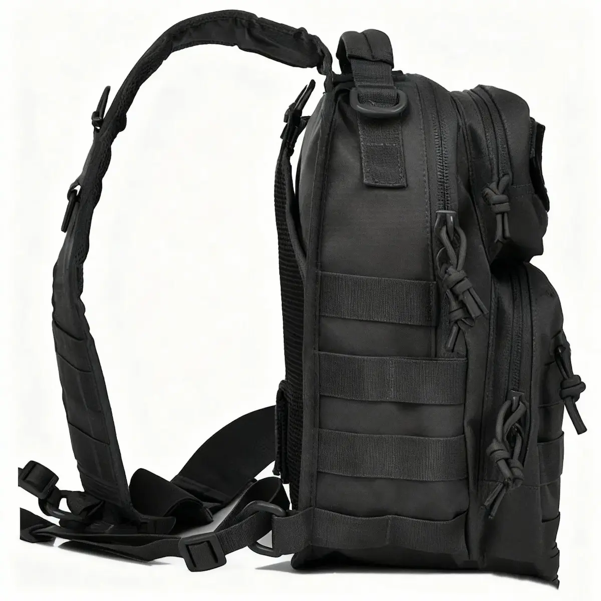 Black Tactical Sling Pack – MOLLE Webbing & Anti-Sway Stabilization Straps