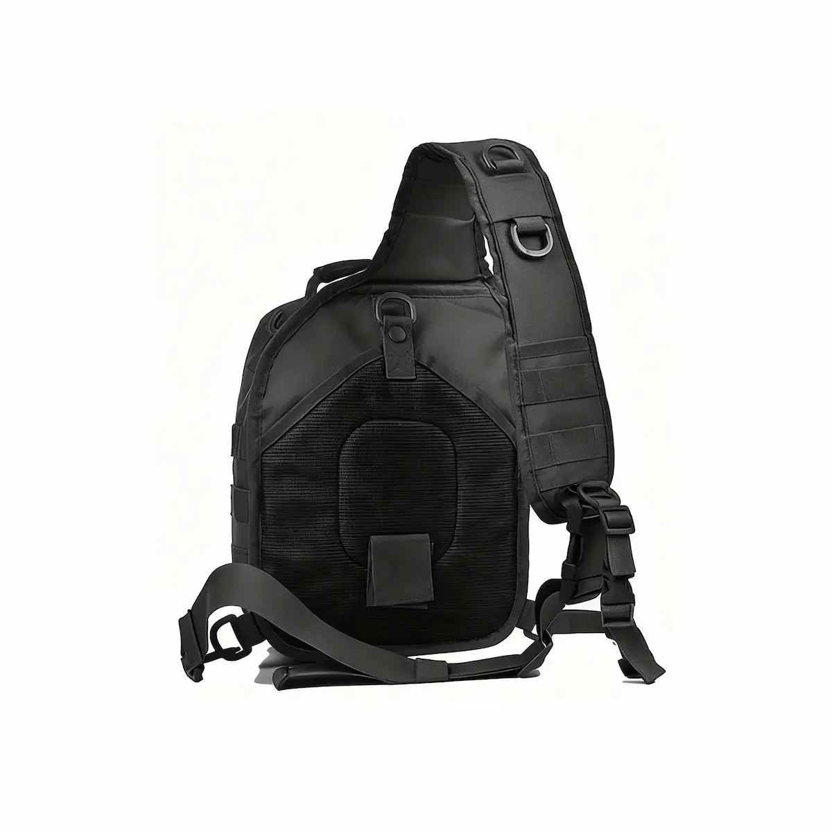 Black Tactical Sling Pack – Padded Ventilation & Strap Configuration Points