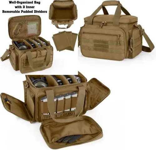 Tan Tactical Range Bag – Open with Removable Ammo Tote & Padded Dividers