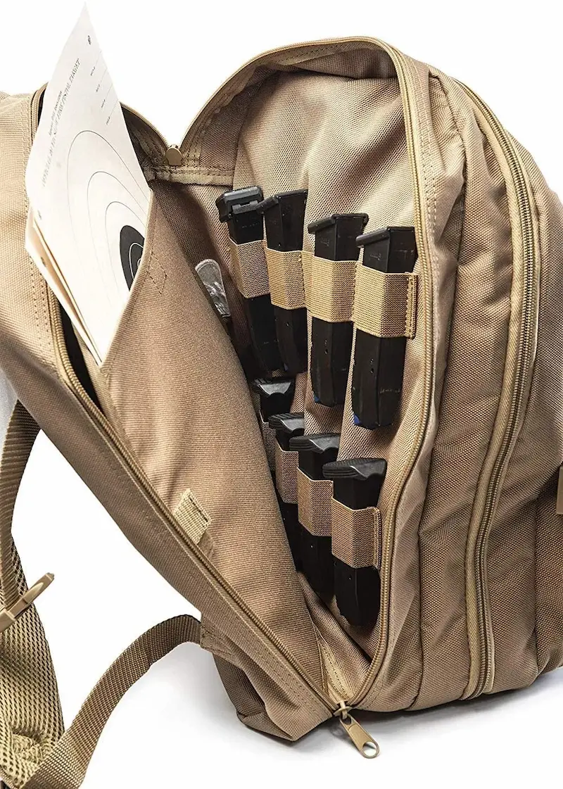 Tan tactical firearm backpack– Interior Elastic Ammo Magazine Holders