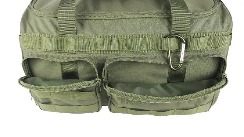od green tactical travel duffle bag-Front Pockets & Carabiner