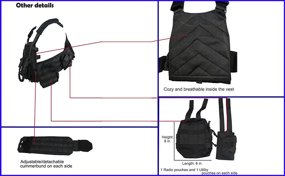 Black Modular Tactical Plate Carrier (breathable mesh lining, adjustable cummerbund, and side pouch)