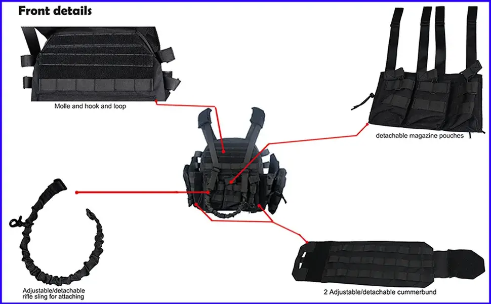 Black Modular Tactical Plate Carrier (front MOLLE, detachable magazine pouches, and adjustable rifle sling)
