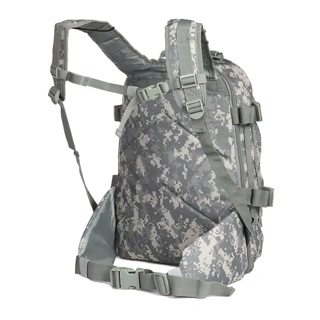 Tactical MOLLE Backpack (ACU camo side view with strap adjustments)