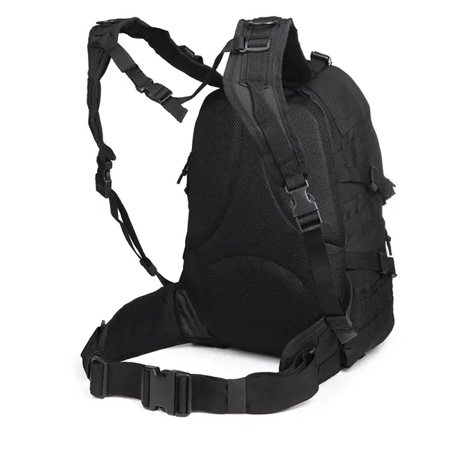 Tactical MOLLE Backpack (black back view with padded waist belt)