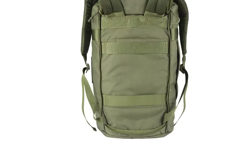 Tactical duffel backpack back panel with MOLLE webbing and straps
