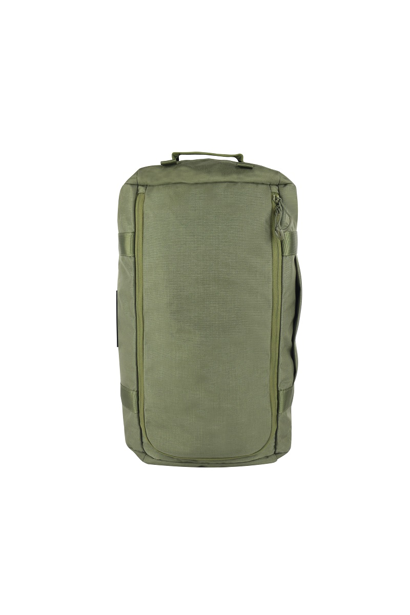 Tactical duffel backpack front view clamshell zipper