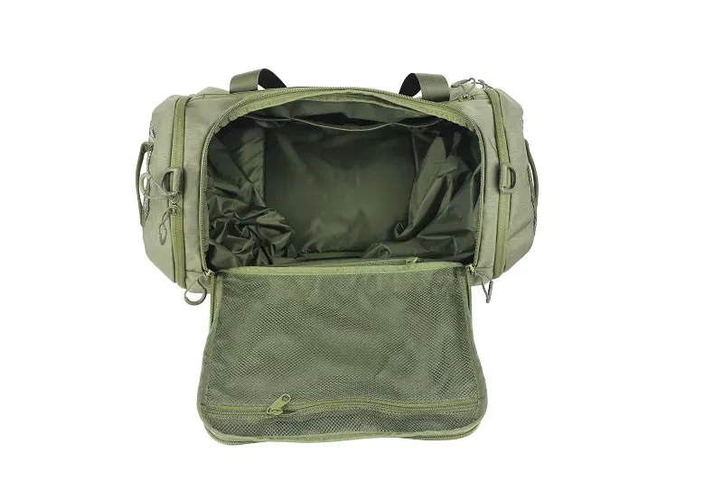 Tactical duffel backpack main compartment open view with mesh pocket